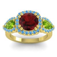 Garnet Ring In 14k Yellow Gold With Peridot And Swiss Blue Topaz Vasudeva Round Three-stone Ring