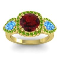 Garnet Ring In 14k Yellow Gold With Swiss Blue Topaz And Peridot Vasudeva Round Three-stone Ring