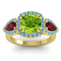 Peridot Ring In 14k Yellow Gold With Garnet And Swiss Blue Topaz Vasudeva Round Three-stone Ring