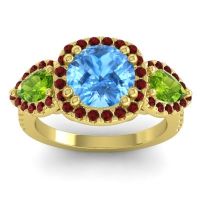 Swiss Blue Topaz Ring In 14k Yellow Gold With Peridot And Garnet Vasudeva Round Three-stone Ring