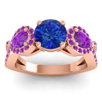 Lab Blue Sapphire Ring In 14K Rose Gold With Amethyst Varsa Round Three-stone Ring
