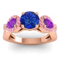 Lab Blue Sapphire Ring In 14K Rose Gold With Amethyst And Pink Tourmaline Varsa Round Three-stone Ring