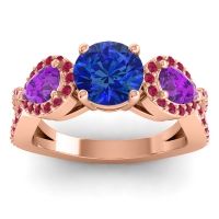 Lab Blue Sapphire Ring In 14K Rose Gold With Amethyst And Ruby Varsa Round Three-stone Ring