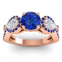 Lab Blue Sapphire Ring In 18K Rose Gold With Diamond And Blue Sapphire Varsa Round Three-stone Ring