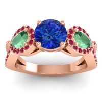 Lab Blue Sapphire Ring In 14K Rose Gold With Emerald And Ruby Varsa Round Three-stone Ring