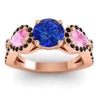 Lab Blue Sapphire Ring In 18K Rose Gold With Pink Tourmaline And Black Onyx Varsa Round Three-stone Ring