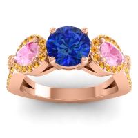 Lab Blue Sapphire Ring In 14K Rose Gold With Pink Tourmaline And Citrine Varsa Round Three-stone Ring