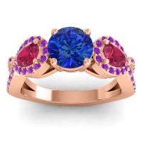 Lab Blue Sapphire Ring In 14K Rose Gold With Ruby And Amethyst Varsa Round Three-stone Ring