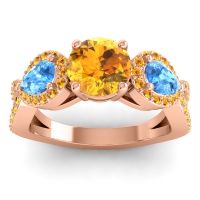 Citrine Ring In 14K Rose Gold With Swiss Blue Topaz Varsa Round Three-stone Ring