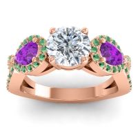 Diamond Ring In 18K Rose Gold With Amethyst And Emerald Varsa Round Three-stone Ring
