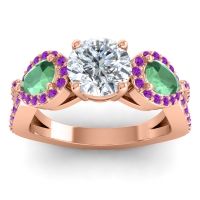 Diamond Ring In 18K Rose Gold With Emerald And Amethyst Varsa Round Three-stone Ring