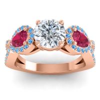 Diamond Ring In 18K Rose Gold With Ruby And Swiss Blue Topaz Varsa Round Three-stone Ring