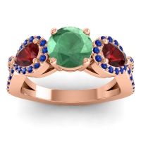 Lab Emerald Ring In 18K Rose Gold With Garnet And Blue Sapphire Varsa Round Three-stone Ring