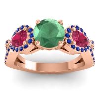 Lab Emerald Ring In 14K Rose Gold With Ruby And Blue Sapphire Varsa Round Three-stone Ring