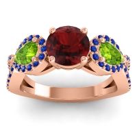 Garnet Ring In 14K Rose Gold With Peridot And Blue Sapphire Varsa Round Three-stone Ring