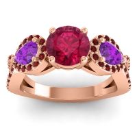 Lab Ruby Ring In 18K Rose Gold With Amethyst And Garnet Varsa Round Three-stone Ring
