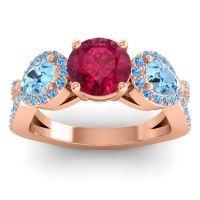 Lab Ruby Ring In 14K Rose Gold With Aquamarine And Swiss Blue Topaz Varsa Round Three-stone Ring