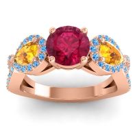 Lab Ruby Ring In 18K Rose Gold With Citrine And Swiss Blue Topaz Varsa Round Three-stone Ring