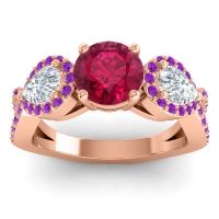 Lab Ruby Ring In 18K Rose Gold With Diamond And Amethyst Varsa Round Three-stone Ring