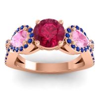 Lab Ruby Ring In 14K Rose Gold With Pink Tourmaline And Blue Sapphire Varsa Round Three-stone Ring