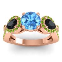 Swiss Blue Topaz Ring In 14K Rose Gold With Black Onyx And Peridot Varsa Round Three-stone Ring