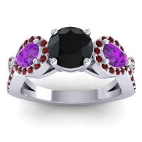 Black Onyx Ring In 14k White Gold With Amethyst And Garnet Varsa Round Three-stone Ring