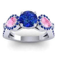 Lab Blue Sapphire Ring In 14k White Gold With Pink Tourmaline And Blue Sapphire Varsa Round Three-stone Ring