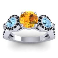 Citrine Ring In 14k White Gold With Aquamarine And Black Onyx Varsa Round Three-stone Ring