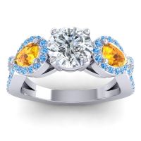 Diamond Ring In Palladium With Citrine And Swiss Blue Topaz Varsa Round Three-stone Ring