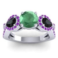 Lab Emerald Ring In 14k White Gold With Black Onyx And Amethyst Varsa Round Three-stone Ring