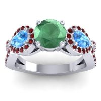 Lab Emerald Ring In Palladium With Swiss Blue Topaz And Garnet Varsa Round Three-stone Ring