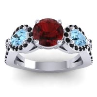 Garnet Ring In 14k White Gold With Aquamarine And Black Onyx Varsa Round Three-stone Ring