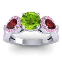 Peridot Ring In 14k White Gold With Garnet And Pink Tourmaline Varsa Round Three-stone Ring
