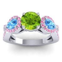 Peridot Ring In 14k White Gold With Swiss Blue Topaz And Pink Tourmaline Varsa Round Three-stone Ring