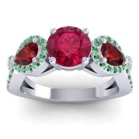 Lab Ruby Ring In Palladium With Garnet And Emerald Varsa Round Three-stone Ring