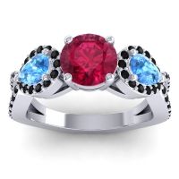 Lab Ruby Ring In 14k White Gold With Swiss Blue Topaz And Black Onyx Varsa Round Three-stone Ring