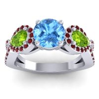 Swiss Blue Topaz Ring In 14k White Gold With Peridot And Garnet Varsa Round Three-stone Ring