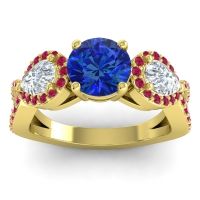 Lab Blue Sapphire Ring In 14k Yellow Gold With Lab Diamond And Ruby Varsa Round Three-stone Ring