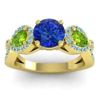 Lab Blue Sapphire Ring In 18k Yellow Gold With Peridot And Aquamarine Varsa Round Three-stone Ring