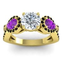 Diamond Ring In 14k Yellow Gold With Amethyst And Black Onyx Varsa Round Three-stone Ring