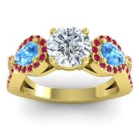 Diamond Ring In 14k Yellow Gold With Swiss Blue Topaz And Ruby Varsa Round Three-stone Ring