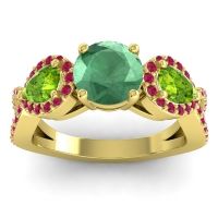 Lab Emerald Ring In 18k Yellow Gold With Peridot And Ruby Varsa Round Three-stone Ring