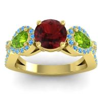 Garnet Ring In 14k Yellow Gold With Peridot And Swiss Blue Topaz Varsa Round Three-stone Ring