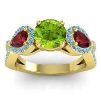 Peridot Ring In 14k Yellow Gold With Garnet And Swiss Blue Topaz Varsa Round Three-stone Ring