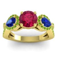 Lab Ruby Ring In 18k Yellow Gold With Blue Sapphire And Peridot Varsa Round Three-stone Ring