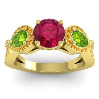 Lab Ruby Ring In 18k Yellow Gold With Peridot And Citrine Varsa Round Three-stone Ring