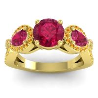 Lab Ruby Ring In 18k Yellow Gold With Ruby And Citrine Varsa Round Three-stone Ring