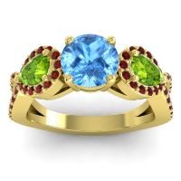 Swiss Blue Topaz Ring In 14k Yellow Gold With Peridot And Garnet Varsa Round Three-stone Ring