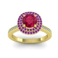 Ruby Ring In 14k Yellow Gold With Amethyst And Aquamarine Arohana Round Halo Ring