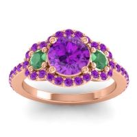 Amethyst Ring In 18K Rose Gold With Emerald Sodarya Round Three-stone Ring